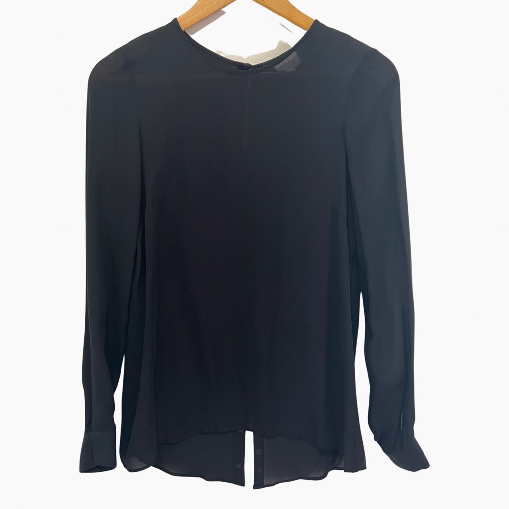 Parker Crew Neck Long Sleeve Black Silk Blouse W/ Metal Embellishments S ($238)